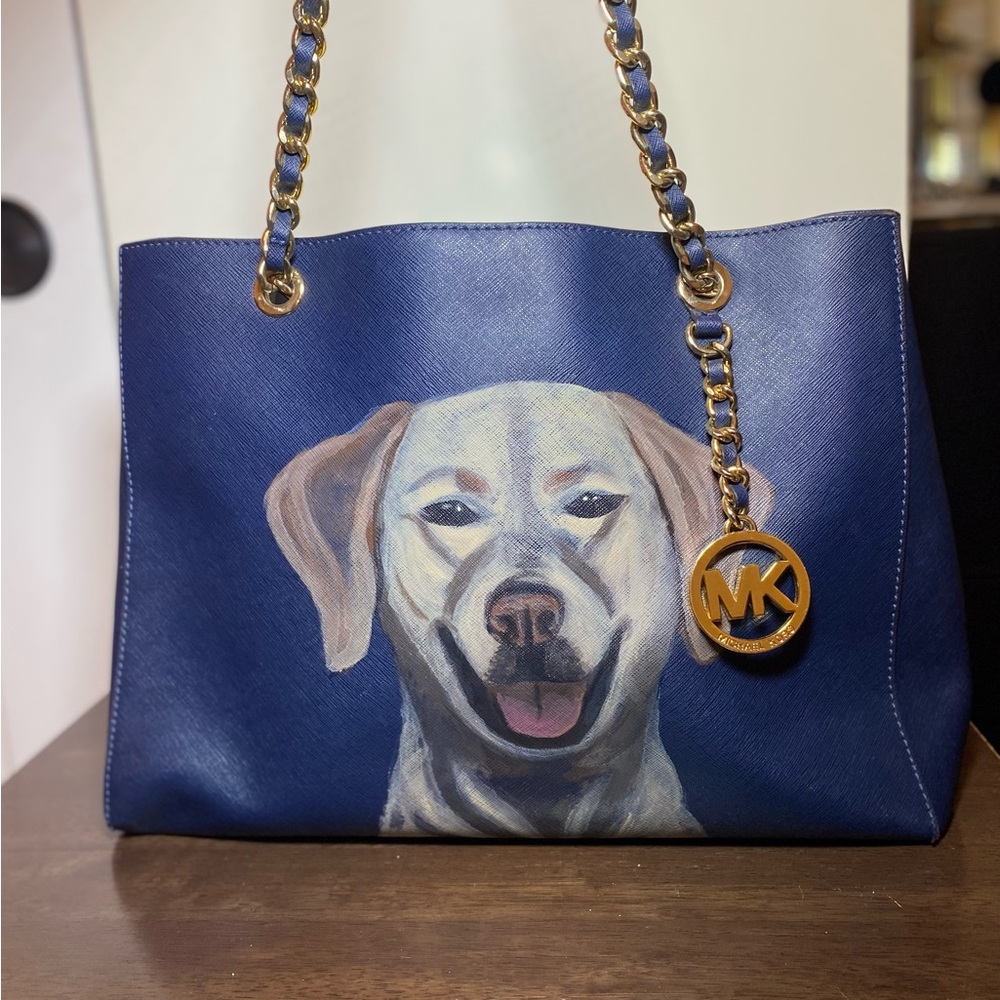 Hand-Painted Yellow Lab MK Blue Tote Bag VGUC